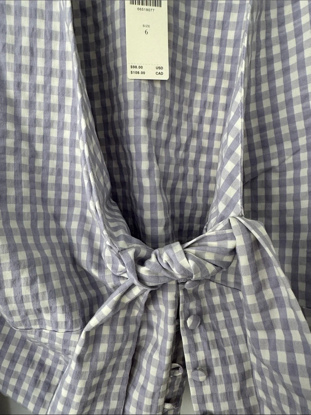 Anthropologie Lavender Gingham Tie-Front Puff Sleeve Blouse